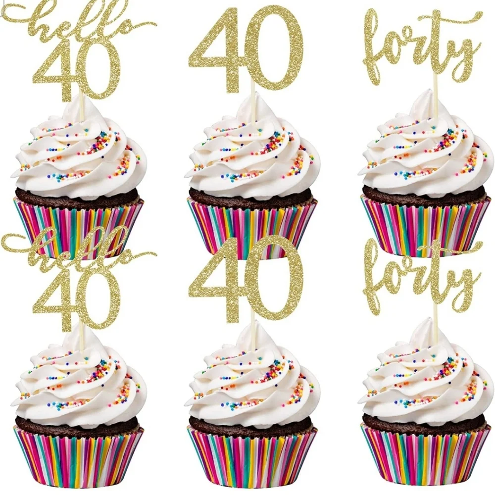 24Pcs Gold Glittery Forty Hello 40 Cupcake Toppers- 40th Birthday Party …